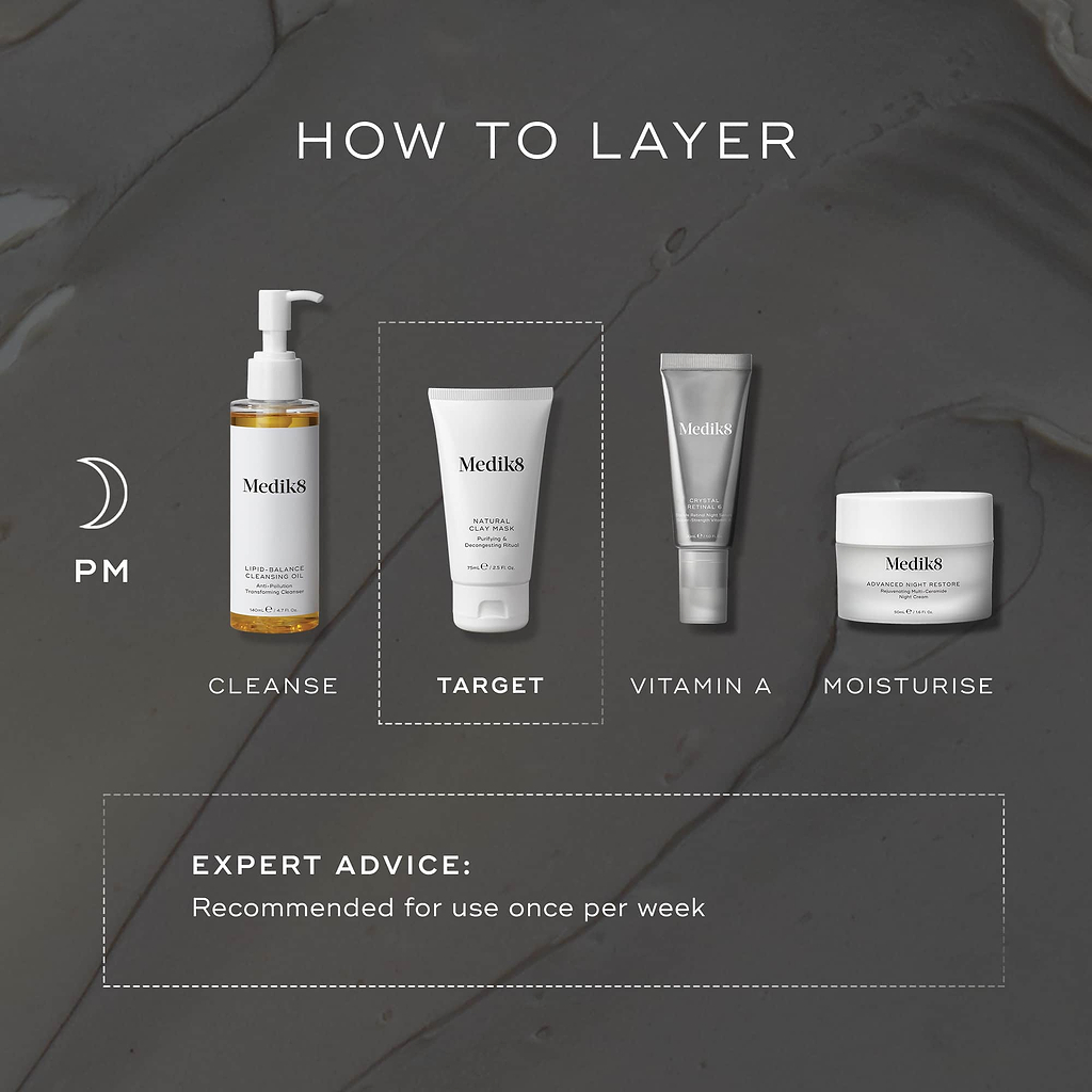 A HOW TO LAYER diagram for a PM skincare routine. It includes Cleanse (Lipid-Balance Cleansing Oil), Target (Natural Clay Mask), Vitamin A (Crystal Retinal), and Moisturise (Advanced Night Restore). 