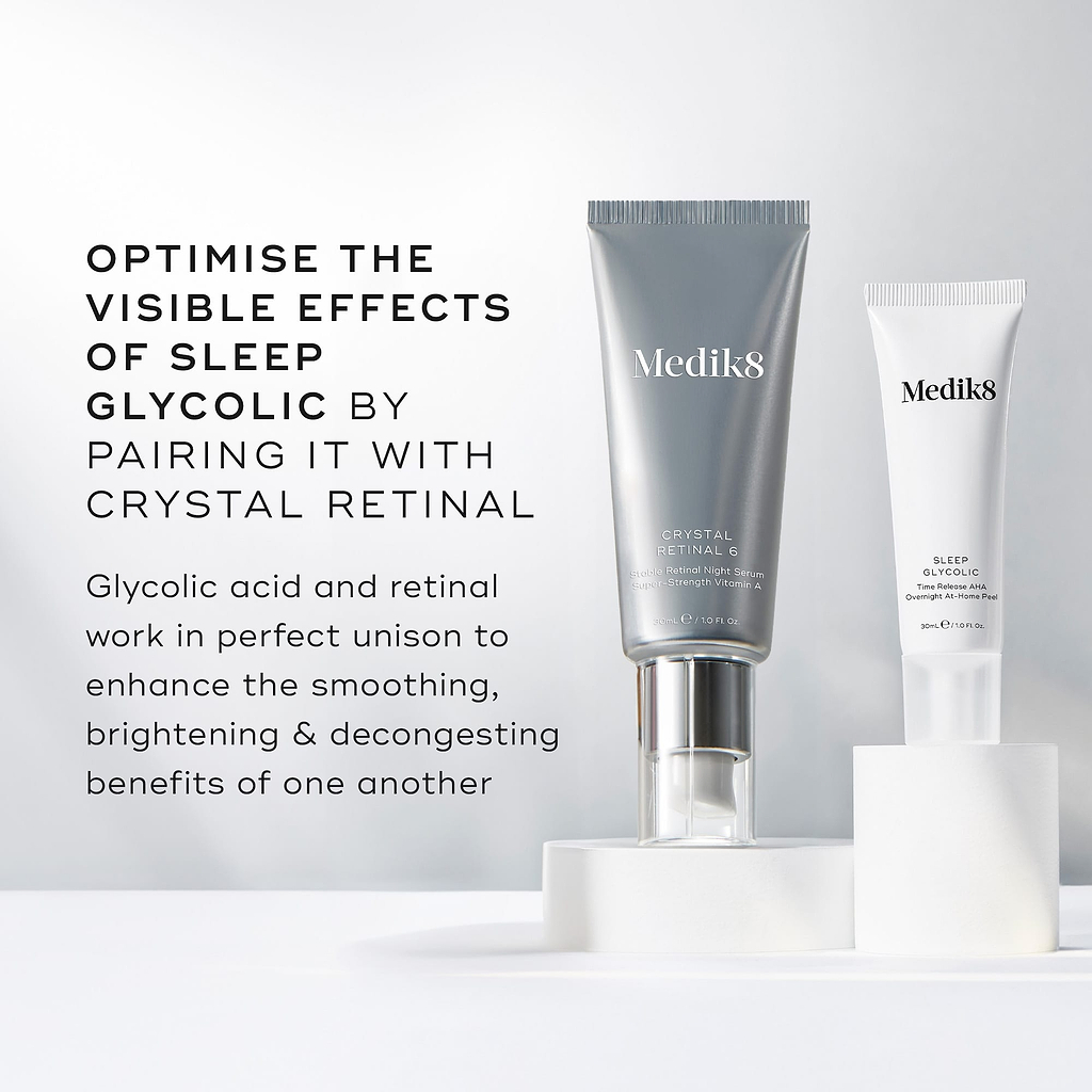Medik8 Crystal Retinal 6 and Sleep Glycolic tube stand on white circular pedestals against a clean white background. Text advises to "OPTIMISE THE VISIBLE EFFECTS OF SLEEP GLYCOLIC BY PAIRING IT WITH CRYSTAL RETINAL," stating that glycolic acid and retinal "enhance the smoothing, brightening & decongesting benefits of one another."