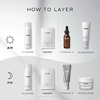 A HOW TO LAYER diagram for skincare routines. The AM routine includes Cleanse (Micellar Mousse), Target (Ultimate Recovery Bio-Cellulose Mask), Vitamin C (C-Tetra Luxe), and Sunscreen (Advanced Day Total Protect). The PM routine involves Cleanse (Micellar Mousse), Target (Ultimate Recovery Bio-Cellulose Mask), Vitamin A (Crystal Retinal), and Moisturise (Advanced Night Restore).