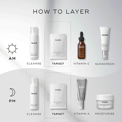 A HOW TO LAYER diagram for skincare routines. The AM routine includes Cleanse (Micellar Mousse), Target (Ultimate Recovery Bio-Cellulose Mask), Vitamin C (C-Tetra Luxe), and Sunscreen (Advanced Day Total Protect). The PM routine involves Cleanse (Micellar Mousse), Target (Ultimate Recovery Bio-Cellulose Mask), Vitamin A (Crystal Retinal), and Moisturise (Advanced Night Restore).