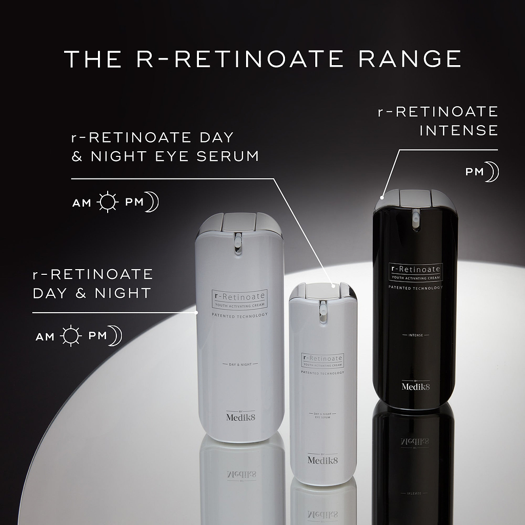 A display showcasing THE R-RETINOATE RANGE. It includes, r-RETINOATE DAY & NIGHT EYE SERUM, r-RETINOATE DAY & NIGHT, r-RETINOATE INTENSE.  All bottles feature PATENTED TECHNOLOGY.