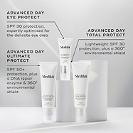 Three day protection products are showcased. Advanced Day Eye Protect (SPF 30) is optimised for the delicate eye area. Advanced Day Ultimate Protect (SPF 50+) includes a DNA repair enzyme and a 360° environmental shield. Advanced Day Total Protect (lightweight SPF 30) offers a 360° environmental shield.
