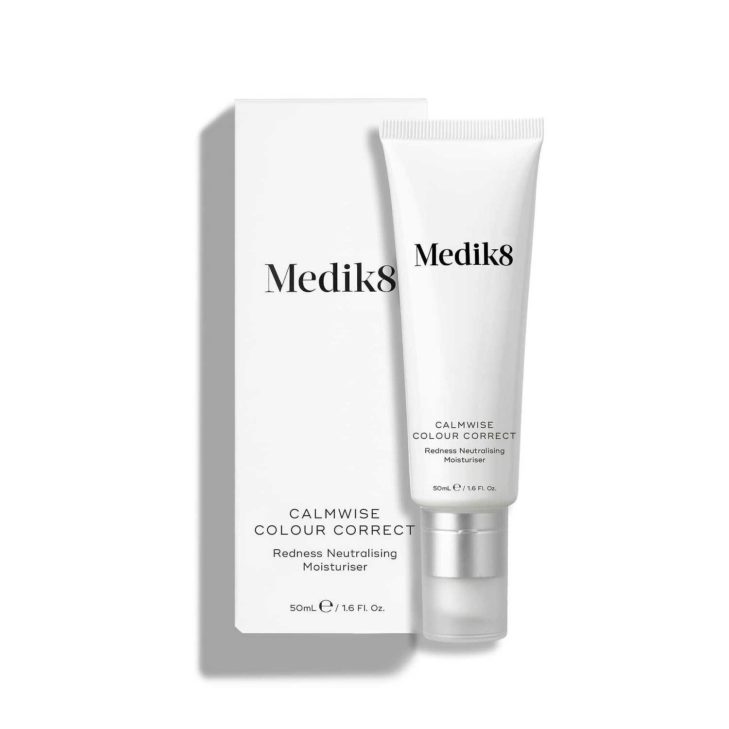 A white tube of Calmwise Colour Correct (50mL) stands beside its matching white carton.
