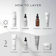 An infographic titled “HOW TO LAYER” displays a step-by-step Medik8 skincare routine for AM and PM against a clean grey and white background. Sun and moon icons indicate the time of use. The Medik8 Hydr8 B5 bottle is highlighted in dashed boxes under the “HYDRATE” step for both routines. Other steps include "CLEANSE," "VITAMIN C," "SUNSCREEN," "VITAMIN A," and "MOISTURISE."