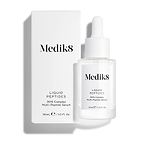 A clear glass dropper bottle of Liquid Peptides serum stands in front of its white product carton.