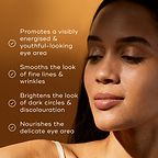 Woman's face with text highlighting eye area benefits on a brown background