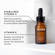 Medik8 C-Tetra Eye serum bottle with text highlighting vitamin C and E benefits on a white background
