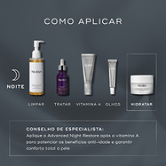 Um guia de rotina noturna exibe produtos Medik8 num fundo azul escuro. O frasco Advanced Night Restore é destacado como a etapa "HIDRATAR", usado após limpeza, tratamento, Vitamina A e creme de olhos. Um conselho de especialista aconselha aplicá-lo após a Vitamina A para potenciar os benefícios anti-idade e garantir conforto total à pele.