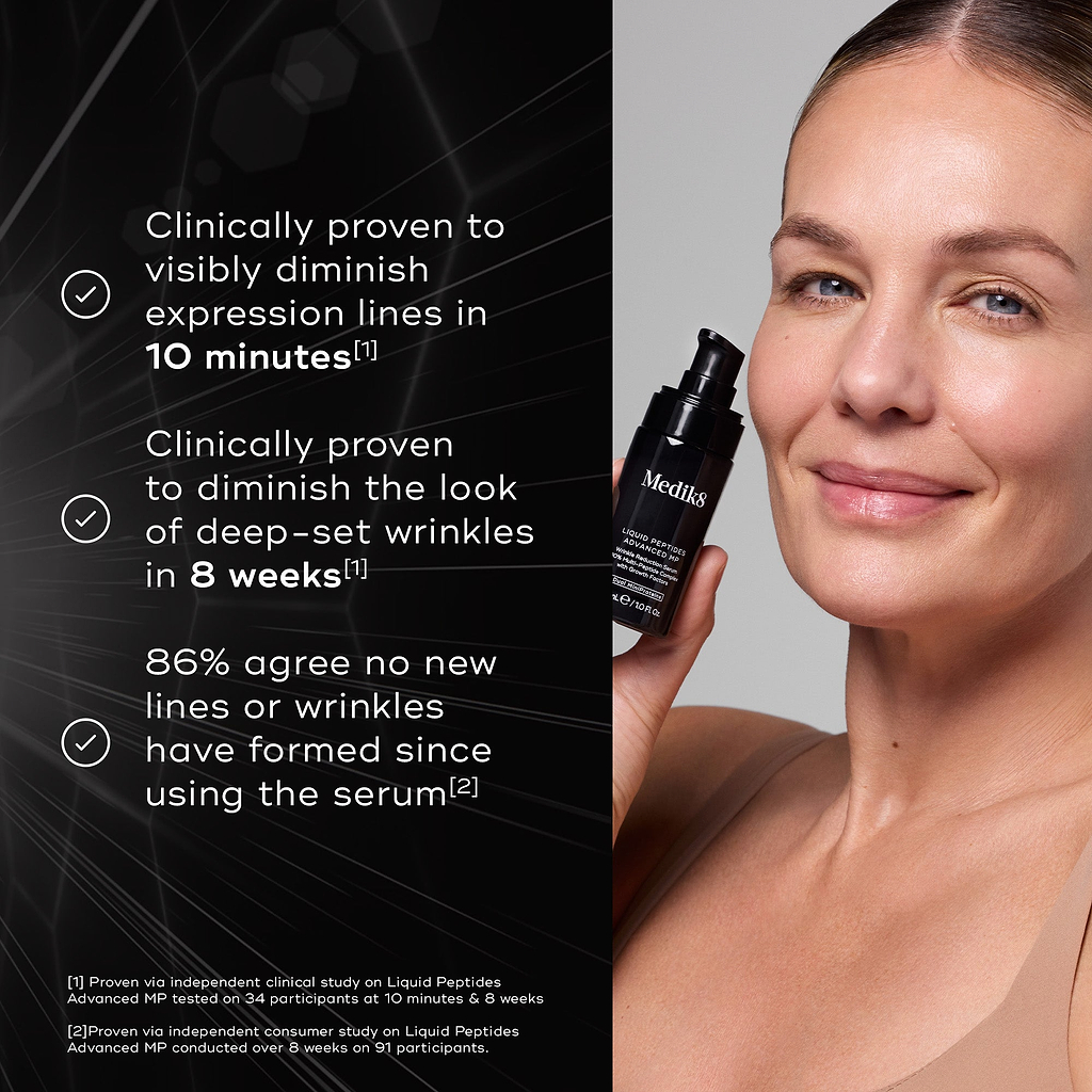 A woman holding a bottle of Liquid Peptides Advanced MP. Three bullet points with checkmarks list product benefits: "Clinically proven to visibly diminish expression lines in 10 minutes," "Clinically proven to diminish the look of deep-set wrinkles in 8 weeks," and "86% agree no new lines or wrinkles have formed since using the serum." Footnotes cite independent clinical and consumer studies.