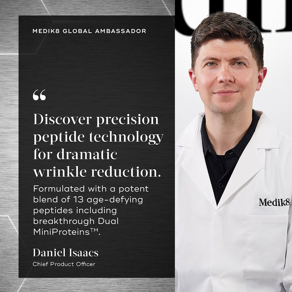 Daniel Isaacs, Chief Product Officer for Medik8 is shown with a quote stating: "Discover precision peptide technology for dramatic wrinkle reduction. Formulated with a potent blend of 13 age-defying peptides including breakthrough Dual MiniProteins™."