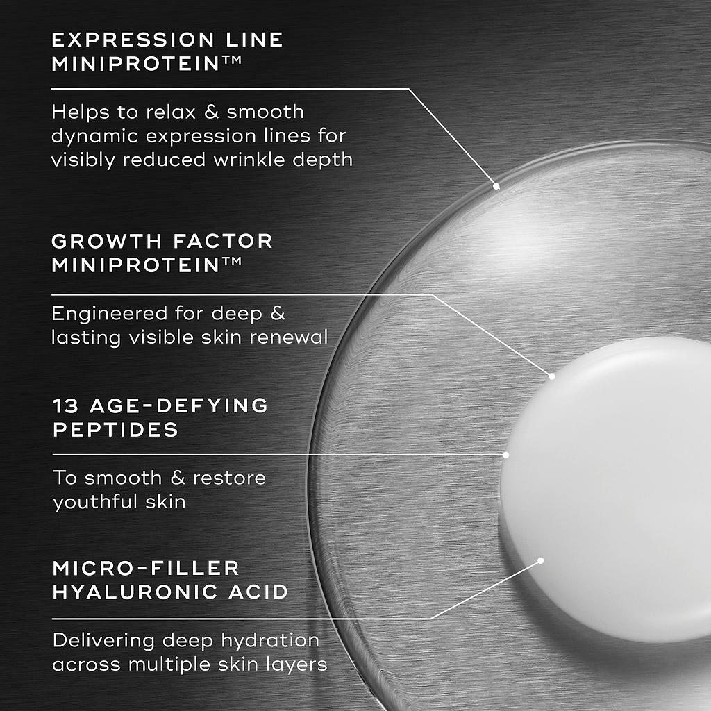 A close-up of the texture of the Liquid Peptides Advanced MP with text callouts detailing its ingredients. EXPRESSION LINE MINIPROTEIN™",GROWTH FACTOR MINIPROTEIN, 13 AGE-DEFYING PEPTIDES and MICRO-FILLER HYALURONIC ACID