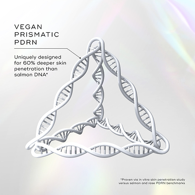Vegan prismatic PDRN design with DNA strands on a light background