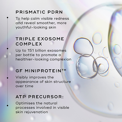 Close-up of clear liquid bubbles on a holographic background. Text lines highlight key ingredients: Prismatic PDRN to help soothe visible redness and reveal smoother, younger-looking skin; Triple Exosome Complex with up to 151 billion exosomes per bottle to promote a healthier-looking complexion; GF MiniProtein™ to visibly redefine skin structure over time; and ATP Precursor to optimize natural processes involved in visible skin rejuvenation.