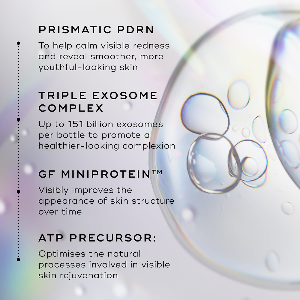 Close-up of clear liquid bubbles on a holographic background. Text lines highlight key ingredients: Prismatic PDRN to help soothe visible redness and reveal smoother, younger-looking skin; Triple Exosome Complex with up to 151 billion exosomes per bottle to promote a healthier-looking complexion; GF MiniProtein™ to visibly redefine skin structure over time; and ATP Precursor to optimize natural processes involved in visible skin rejuvenation.