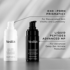 Two Medik8 serums are compared side-by-side against a background with hexagonal patterns. On the left, the white EXO-PDRN Prismatic+ bottle is shown for morning and night use to achieve overall and visible skin rejuvenation. On the right, the black Liquid Peptides Advanced MP bottle is shown for morning and night use to visibly reduce deep wrinkles.