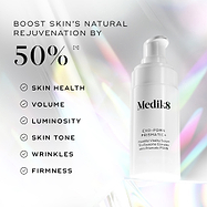 Medik8 Exo-PDRN Prismatic+ serum displayed with text stating ‘Boost skin’s natural rejuvenation by over 50%*’ alongside benefits including skin health, volume, luminosity, skin tone, wrinkles and firmness. 