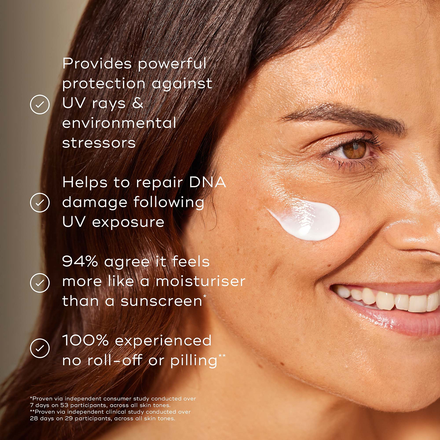 Close-up of a woman's face with a white cream smear on her cheek which is medik8 advanced day ultimate protect, overlaid with marketing text about UV protection, DNA repair, moisturizing feel, and no roll-off or pilling.