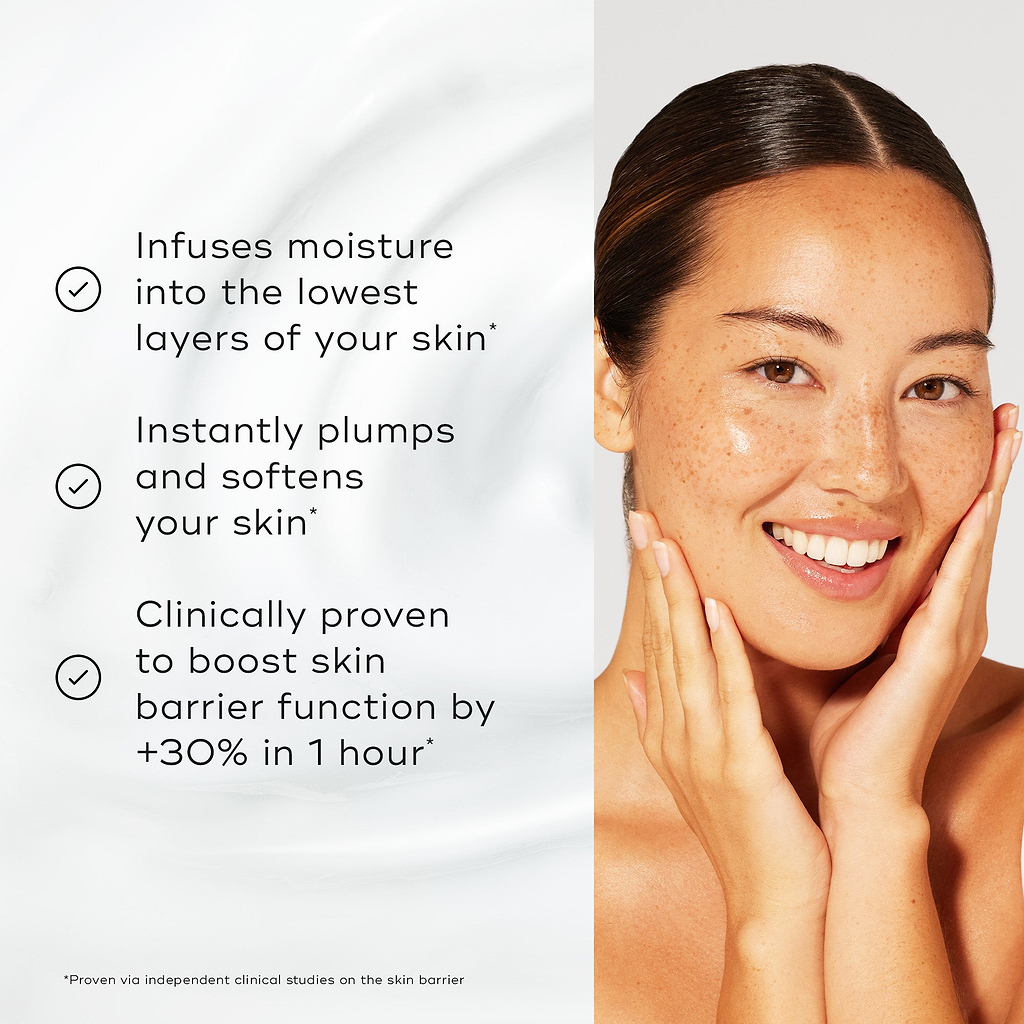 A smiling woman touching her face. Three bullet points detail product benefits: "Infuses moisture into the lowest layers of your skin*", "Instantly plumps and softens your skin*", and "Clinically proven to boost skin barrier function by +30% in 1 hour*."