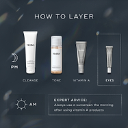 A HOW TO LAYER diagram for a PM skincare routine. It includes Cleanse (Medik8 Surface Radiance Cleanse), Tone (Medik8 Press & Glow), Vitamin A (Medik8 Crystal Retinal), and Eyes (Medik8 Crystal Retinal Ceramide Eye). Expert advice for AM emphasises using sunscreen after vitamin A products.