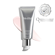 A silver tube of Crystal Retinal 1 is displayed, with a pink cream swatch to its right. A WORLD FIRST PATENTED TECHNOLOGY seal and a DERMATOLOGIST RECOMMENDED icon are shown. 