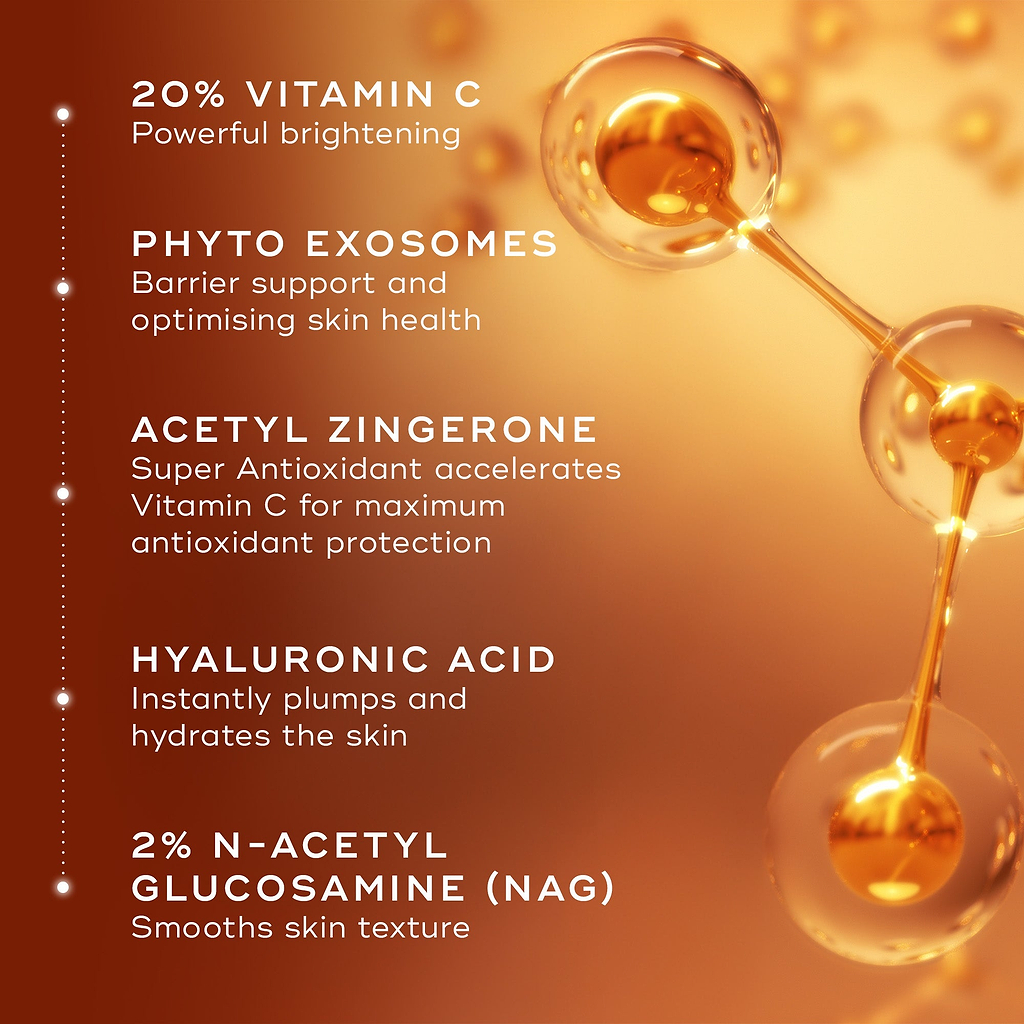 Molecular representation of key ingredients in Medik8 C-Tetra Advanced, with text highlighting 20% Vitamin C, Phyto Exosomes, Acetyl Zingerone, Hyaluronic Acid, and N-Acetyl Glucosamine (NAG) for brightening, hydration, and skin barrier support.