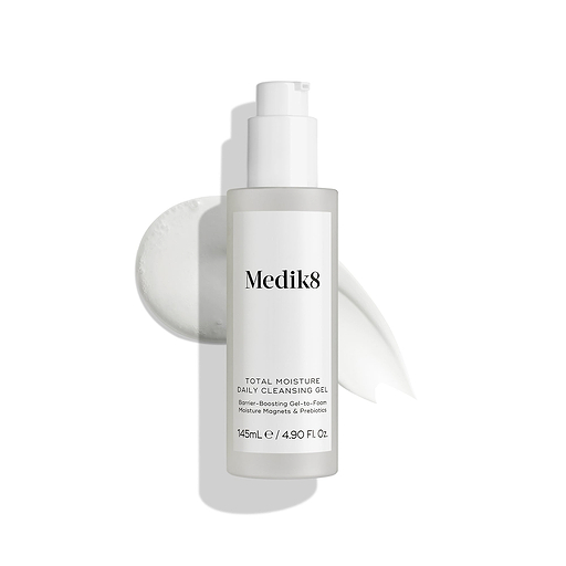 Medik8 Total Moisture Daily Cleansing Gel packshot displayed against a clean white background, highlighting the product bottle and minimalist packaging