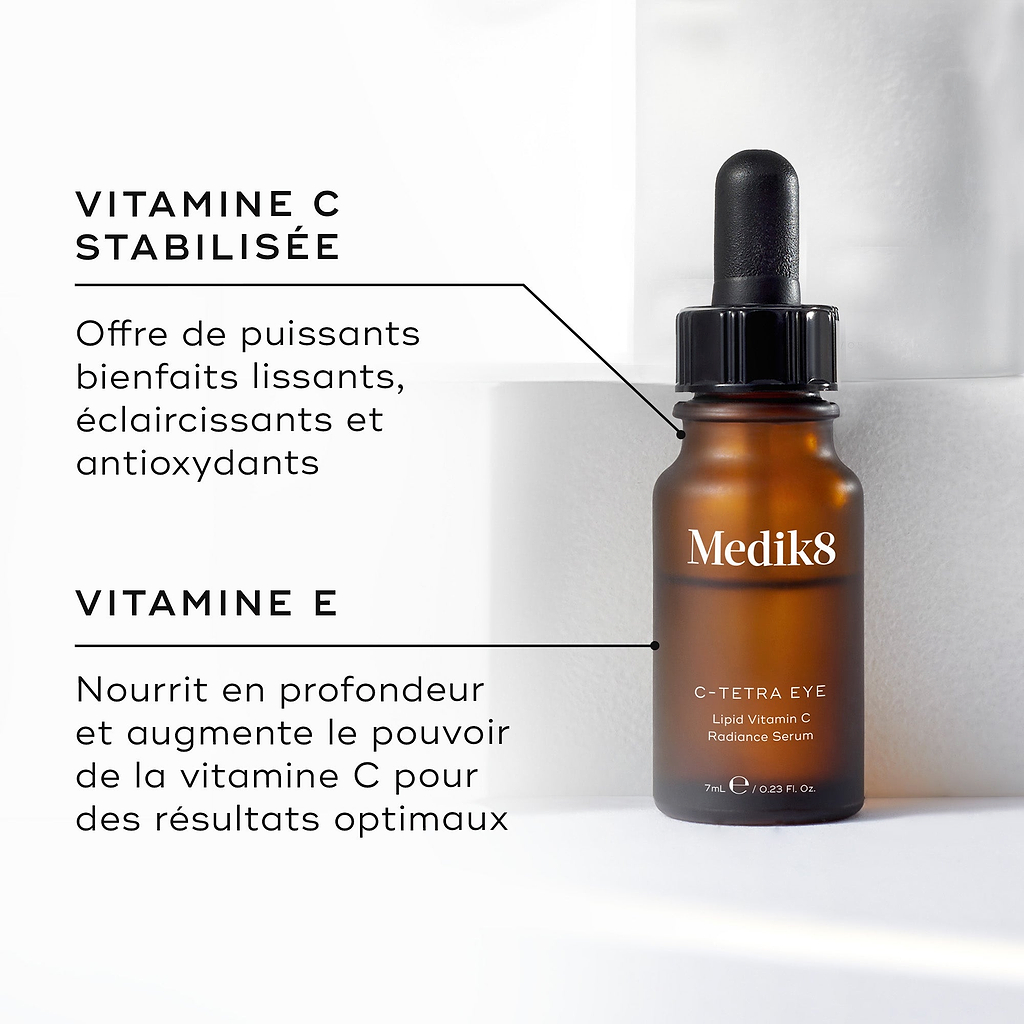 Flacon de sérum Medik8 C-Tetra Eye sur un fond orange chaud. Le texte met en avant la vitamine C stabilisée pour lisser, illuminer et apporter des bienfaits antioxydants et la vitamine E pour nourrir et renforcer l’effet de la vitamine C