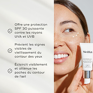 Le texte met en avant sa protection SPF 30, la prévention des signes visibles du vieillissement, ainsi que sa capacité à illuminer et à décongestionner le contour des yeux.