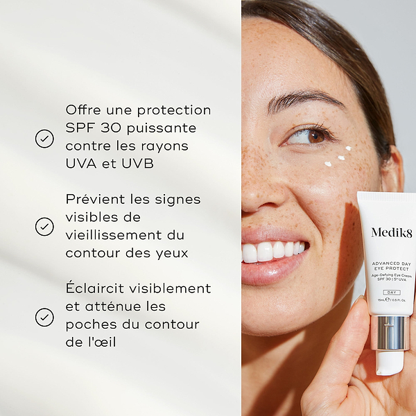 Le texte met en avant sa protection SPF 30, la prévention des signes visibles du vieillissement, ainsi que sa capacité à illuminer et à décongestionner le contour des yeux.