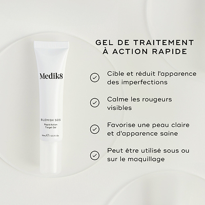 Un tube blanc de Blemish SOS Rapid Action Target Gel est présenté. Le texte met en avant le produit comme un GEL TRAITEMENT ACTION RAPIDE. Il cible et réduit l’apparence des imperfections, calme les rougeurs visibles, favorise une peau claire et d’apparence saine, et peut être utilisé sous ou par-dessus le maquillage.