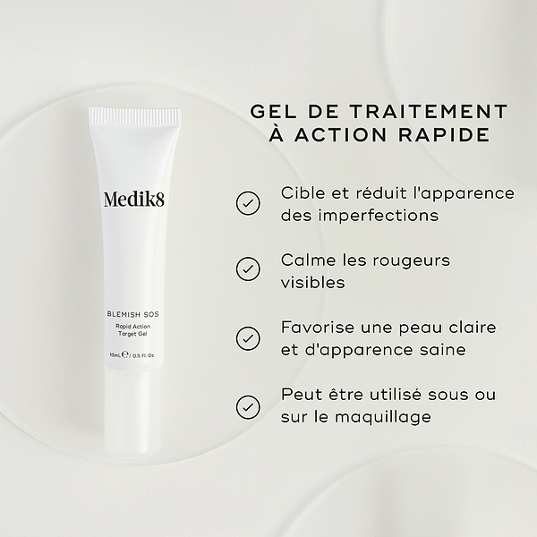 Un tube blanc de Blemish SOS Rapid Action Target Gel est présenté. Le texte met en avant le produit comme un GEL TRAITEMENT ACTION RAPIDE. Il cible et réduit l’apparence des imperfections, calme les rougeurs visibles, favorise une peau claire et d’apparence saine, et peut être utilisé sous ou par-dessus le maquillage.