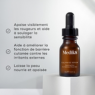 Un flacon compte-gouttes en verre brun de Calmwise Serum est présenté. Il calme visiblement les rougeurs et aide à soulager la sensibilité, contribue à améliorer la fonction de barrière de la peau contre les irritants externes, et laisse la peau nourrie et apaisée.