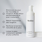 Image divisée montrant le flacon nettoyant à côté d’une liste d’avantages, incluant Élimine en douceur les impuretés des peaux rouges, sensibles et post-traitement et Réduit l’apparence des rougeurs.