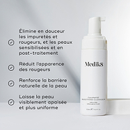 Image divisée montrant le flacon nettoyant à côté d’une liste d’avantages, incluant Élimine en douceur les impuretés des peaux rouges, sensibles et post-traitement et Réduit l’apparence des rougeurs.