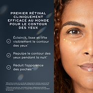 Le visage d’une femme est présenté avec de petits points de Crystal Retinal Ceramide Eye appliqués sous un œil. Le texte met en avant le PREMIER RÉTINAL CLINIQUE AU MONDE POUR LE CONTOUR DES YEUX. Il illumine, lisse et raffermit visiblement le contour des yeux, repulpe la zone du regard pendant la nuit et réduit l’apparence des poches.