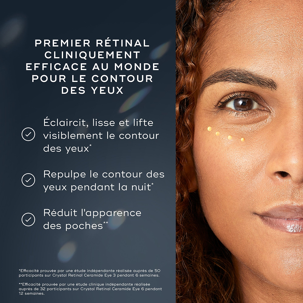 Le visage d’une femme est présenté avec de petits points de Crystal Retinal Ceramide Eye appliqués sous un œil. Le texte met en avant le PREMIER RÉTINAL CLINIQUE AU MONDE POUR LE CONTOUR DES YEUX. Il illumine, lisse et raffermit visiblement le contour des yeux, repulpe la zone du regard pendant la nuit et réduit l’apparence des poches.