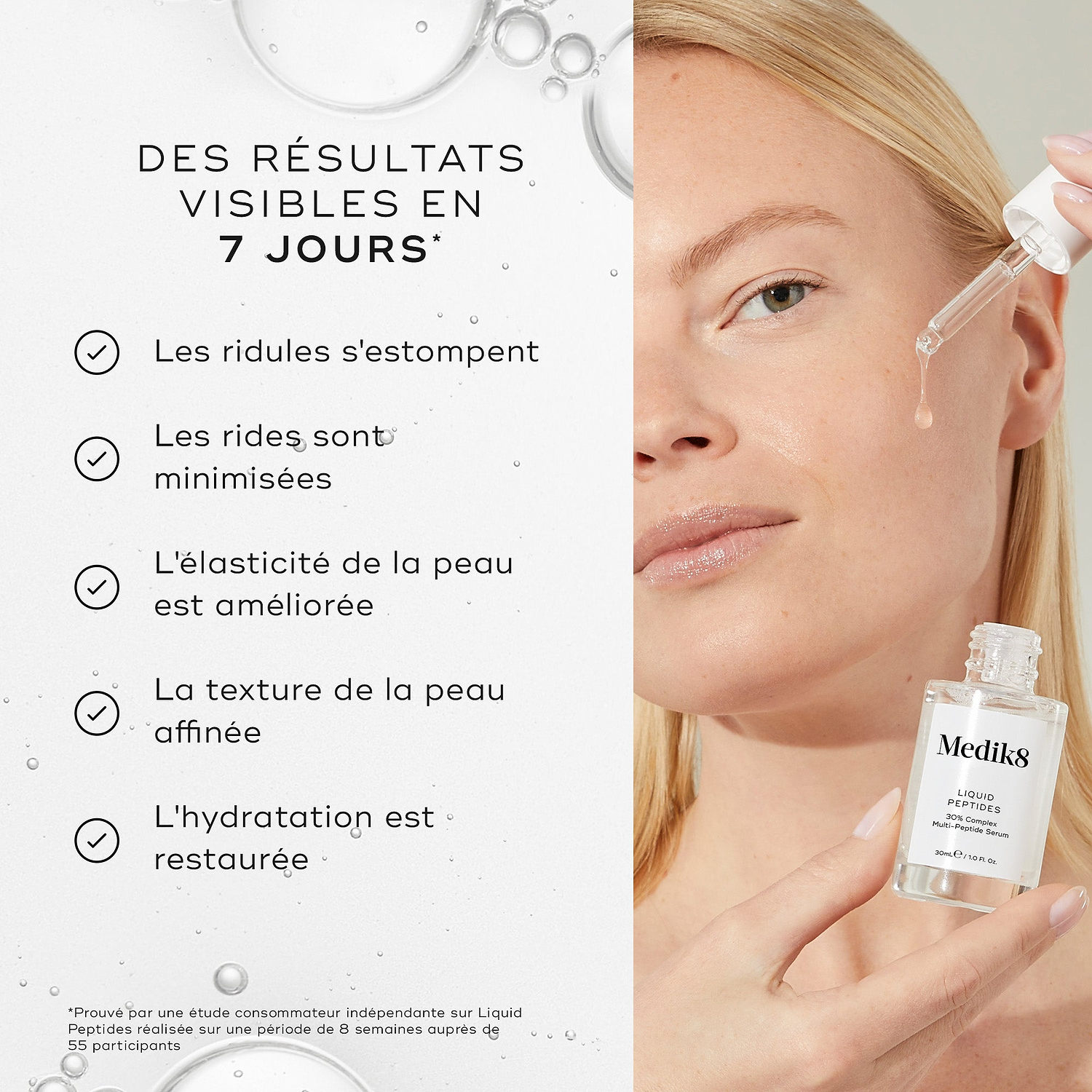 Une femme applique le sérum Liquid Peptides sur son visage à l’aide d’une pipette. À gauche, le texte indique RÉSULTATS VISIBLES EN SEULEMENT 7 JOURS* et précise les bénéfices suivants : les ridules sont estompées, les rides sont minimisées, l’élasticité de la peau est revitalisée, la texture de la peau est affinée et l’hydratation est restaurée. Une note de bas de page indique que ces résultats sont prouvés par une étude consommateurs indépendante.