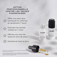 Deux petits flacons blancs d’Oxy-R Peptides sont présentés avec des gouttes de sérum jaune. Le texte met en avant ACTION PROFESSIONNELLE SUR LES TACHES SOMBRES. Il offre une peau plus lumineuse et plus uniforme en seulement 7 jours, atténue les taches visibles en 1 mois, est efficace sur tous les types et tons de peau, et hydrate tout en lissant le teint.