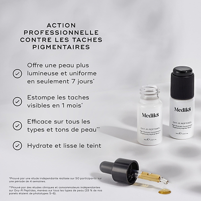 Deux petits flacons blancs d’Oxy-R Peptides sont présentés avec des gouttes de sérum jaune. Le texte met en avant ACTION PROFESSIONNELLE SUR LES TACHES SOMBRES. Il offre une peau plus lumineuse et plus uniforme en seulement 7 jours, atténue les taches visibles en 1 mois, est efficace sur tous les types et tons de peau, et hydrate tout en lissant le teint.