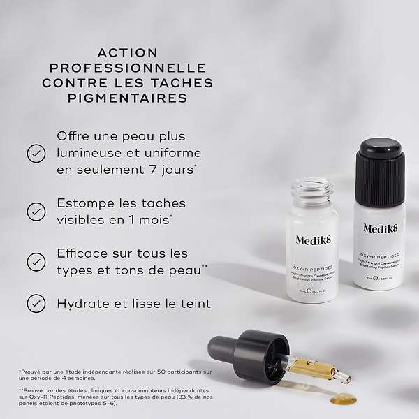 Deux petits flacons blancs d’Oxy-R Peptides sont présentés avec des gouttes de sérum jaune. Le texte met en avant ACTION PROFESSIONNELLE SUR LES TACHES SOMBRES. Il offre une peau plus lumineuse et plus uniforme en seulement 7 jours, atténue les taches visibles en 1 mois, est efficace sur tous les types et tons de peau, et hydrate tout en lissant le teint.