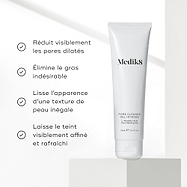 Une liste des bénéfices apparaît à côté du tube de Pore Cleanse Gel Intense. Le texte indique qu’il réduit visiblement les pores dilatés, élimine l’excès de sébum, lisse la texture et laisse le teint raffiné.