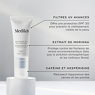 Le tube Advanced Day Eye Protect se tient sur un socle blanc. Le texte met en avant les filtres UV avancés pour une protection SPF 30, l’extrait de moringa pour protéger contre les agressions environnementales, et la caféine & l’hespéridine pour réduire les cernes et les poches.