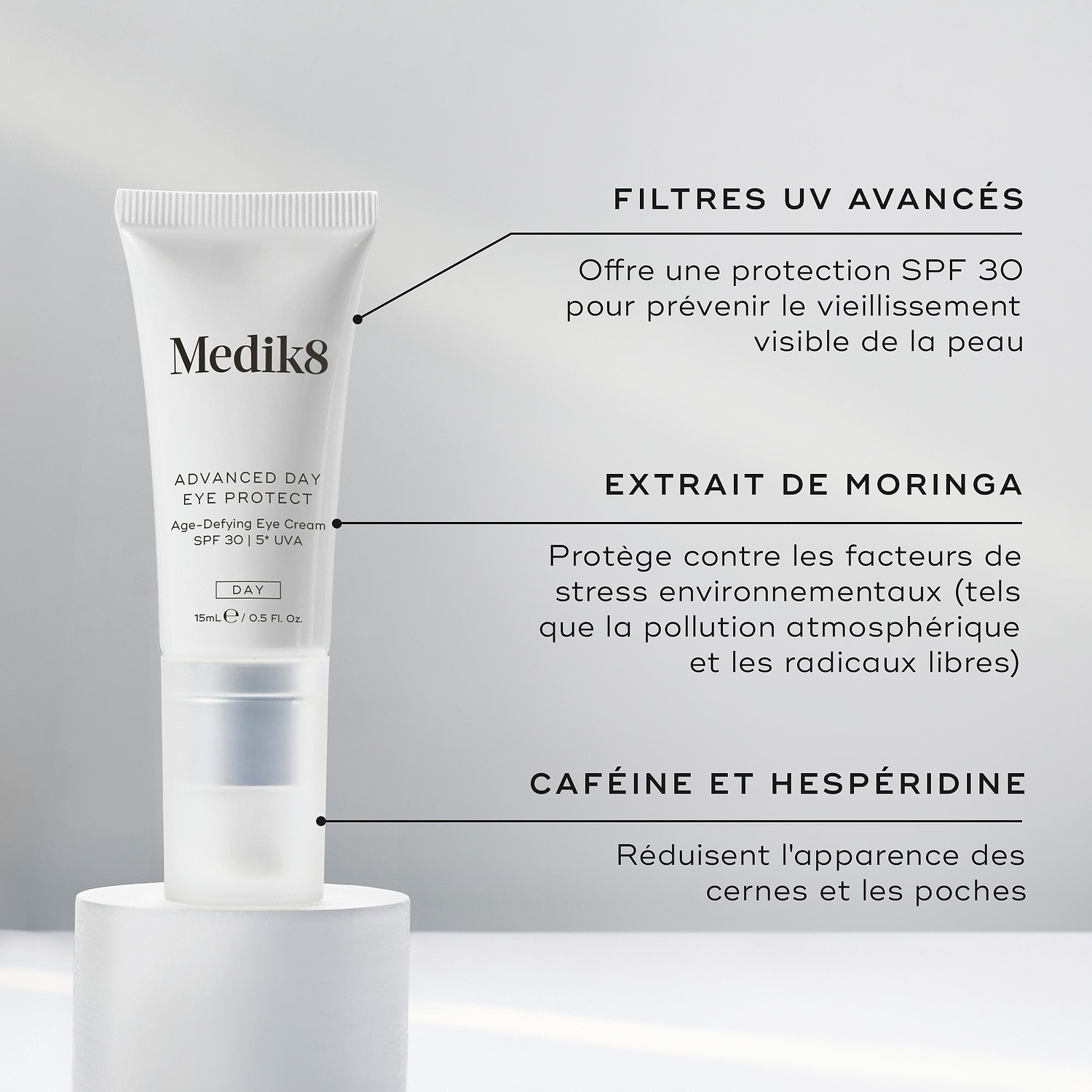 Le tube Advanced Day Eye Protect se tient sur un socle blanc. Le texte met en avant les filtres UV avancés pour une protection SPF 30, l’extrait de moringa pour protéger contre les agressions environnementales, et la caféine & l’hespéridine pour réduire les cernes et les poches.
