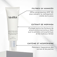 Le tube Medik8 Advanced Day Total Protect est posé sur un bloc blanc sur un fond gris épuré. Le texte met en avant les ingrédients clés : Filtres UV avancés pour offrir une protection SPF 30 et prévenir le vieillissement cutané visible, Extrait de moringa pour protéger contre les agressions environnementales telles que la pollution de l’air et les radicaux libres, ainsi que l’acide hyaluronique multi-poids pour hydrater intensément la peau.