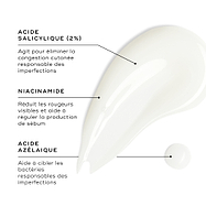 Un échantillon de Blemish SOS est présenté sur une surface blanche, avec une petite goutte à proximité. Des encadrés de texte mettent en avant les ingrédients clés : L’ACIDE SALICYLIQUE (2 %) agit pour décomposer l’accumulation responsable des imperfections ; LA NIACINAMIDE réduit les rougeurs visibles et aide à réguler la production de sébum ; et L’ACIDE AZÉLAÏQUE aide à cibler les bactéries responsables des imperfections.