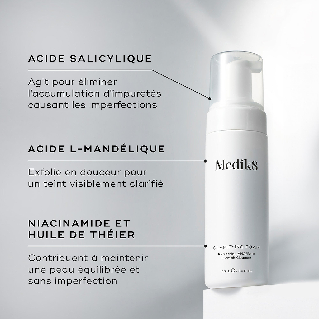 Le flacon pompe Medik8 Clarifying Foam est posé sur un bloc blanc sur un fond gris épuré. Le texte met en avant les ingrédients clés : Acide salicylique pour éliminer les impuretés responsables des imperfections, Acide L-mandélique pour une exfoliation douce et un teint clarifié, ainsi que Niacinamide & Huile d’arbre à thé pour aider à maintenir une peau équilibrée et sans imperfections.