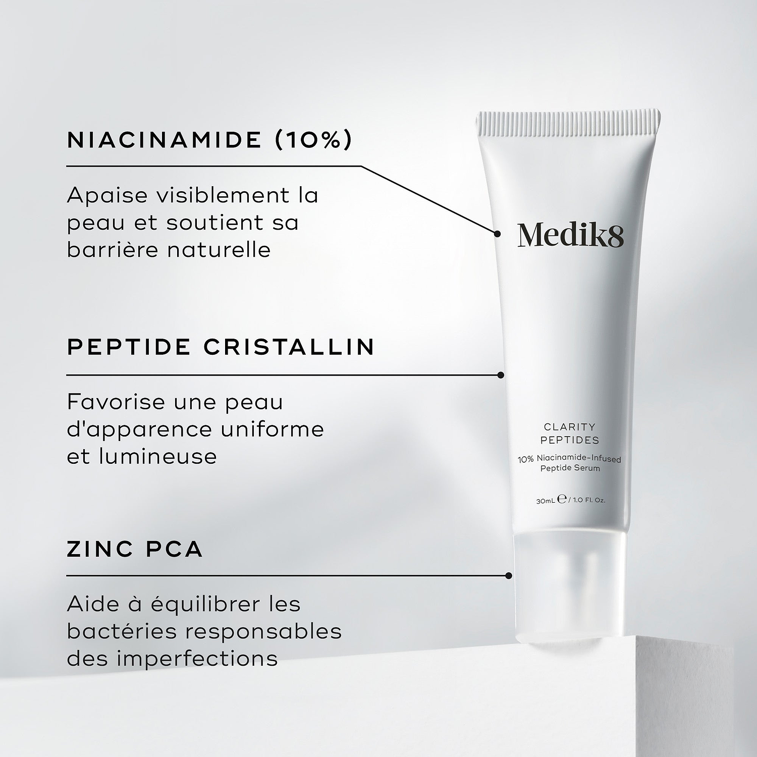 Le tube Medik8 Clarity Peptides est posé sur un bloc blanc à côté des détails des ingrédients. Le texte met en avant la niacinamide (10 %) pour apaiser la peau, le peptide Crystalide pour l’éclat et le Zinc PCA pour équilibrer la flore bactérienne.