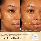 Comparaison avant-après du visage d’un modèle montrant les résultats du Daily Radiance Vitamin C. Des cercles blancs en pointillés mettent en évidence une zone spécifique de la joue pour montrer un gain visible d’éclat et d’hydratation immédiatement après une utilisation