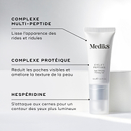 Un tube blanc d’Eyelift Peptides est présenté. Des encadrés de texte mettent en avant les ingrédients clés : COMPLEXE MULTI-PEPTIDES, COMPLEXE DE PROTÉINES, HESPÉRIDINE.