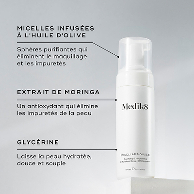 Un flacon de Medik8 Micellar Mousse présenté sur un bloc blanc. Des lignes relient le flacon à un texte expliquant les principaux ingrédients : des micelles infusées à l’huile d’olive pour démaquiller, de l’extrait de moringa pour éliminer les impuretés, et de la glycérine pour hydrater.